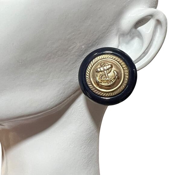 Vintage Nautical Anchor Statement Earrings, Gold and Navy Round Post Earrings - Picture 2 of 13